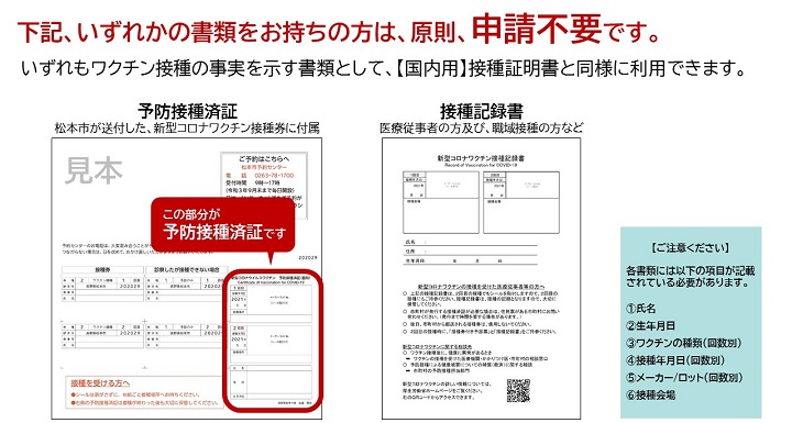 接種済証か接種記録書をお持ちの方は、原則申請不要です。