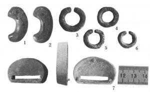 8号古墳出土品。下段は、3方向から撮影した銙帯金具。