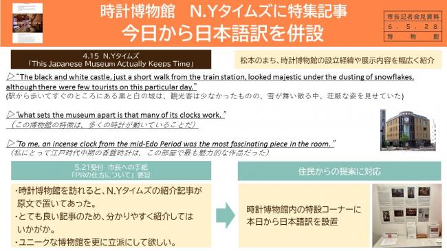 資料4　時計博物館　Ｎ.Ｙタイムズに特集記事　今日から日本語訳を併設（1）