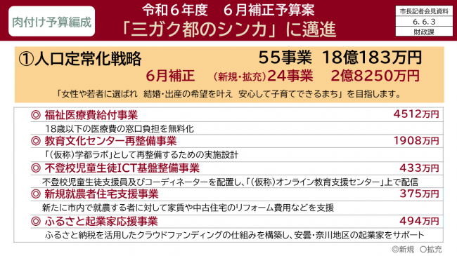 資料2　令和6年度　6月補正予算案　「三ガク都のシンカ」に邁進　(1)人口定常化戦略