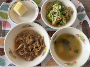 6月13・27日　お昼【具だくさんみそ汁・豚肉のしょうが炒め・小魚サラダ・パイン】