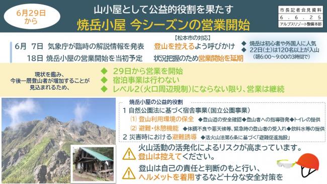 資料2　6月29日から　山小屋として公益的役割を果たす　焼岳小屋　今シーズンの営業開始（2）