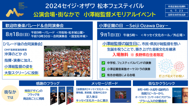 資料３　２０２４セイジ・オザワ松本フェスティバル　公演会場・街なかで　小澤総監督メモリアルイベント　歓迎吹奏楽パレード＆合同演奏会　小澤征爾の日