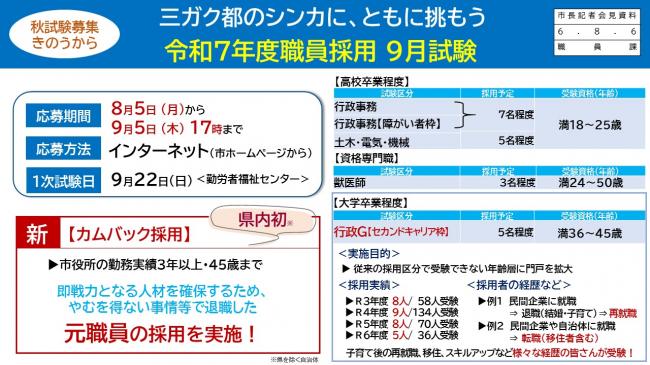 資料1　秋試験募集　きのうから　三ガク都のシンカに、ともに挑もう　令和7年度職員採用試験　9月試験（1）