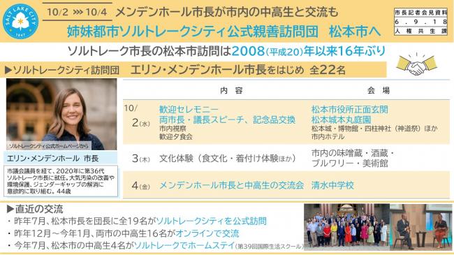 【資料1　姉妹都市ソルトレークシティ公式親善訪問団　松本市へ】