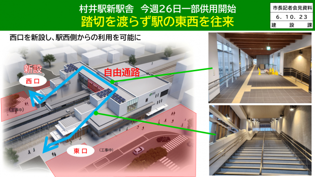 資料２　村井駅新駅舎　今週26日一部供用開始　踏切を渡らず駅の東西を往来