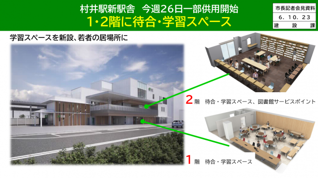 資料３　村井駅新駅舎　今週26日一部供用開始　1・2階に待合・学習スペース