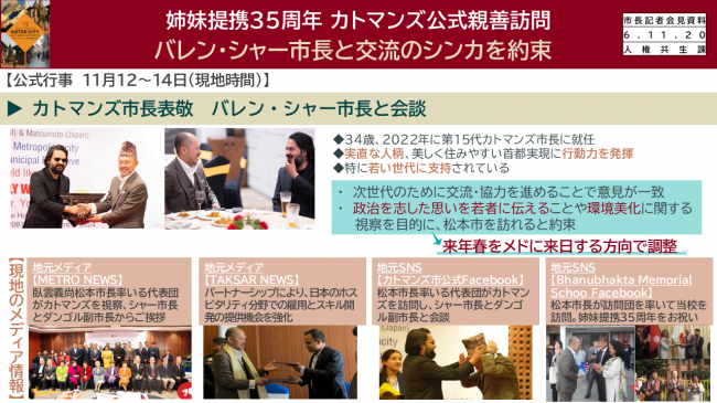 資料１　姉妹提携35周年　カトマンズ公式親善訪問　バレン・シャー市長と交流のシンカを約束
