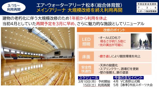 【資料2　エア・ウォーターアリーナ松本（総合体育館）メインアリーナ大規模改修を終え利用再開】