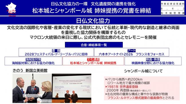 資料3　日仏文化協力の一環　文化遺産間の連携を強化　松本城とシャンボール城　姉妹提携の覚書を締結（2）