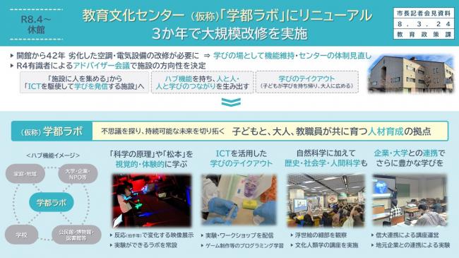 【資料1　R8.4～休館　教育文化センター （仮称）「学都ラボ」にリニューアル　３か年で大規模改修を実施】