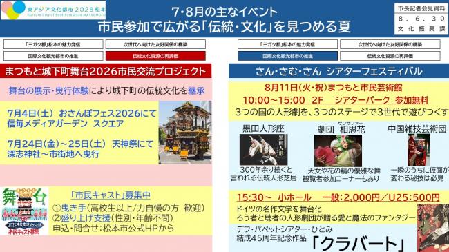 資料4　東アジア文化都市2026松本　7・8月の主なイベント　市民参加で広がる「伝統・文化」を見つめる夏